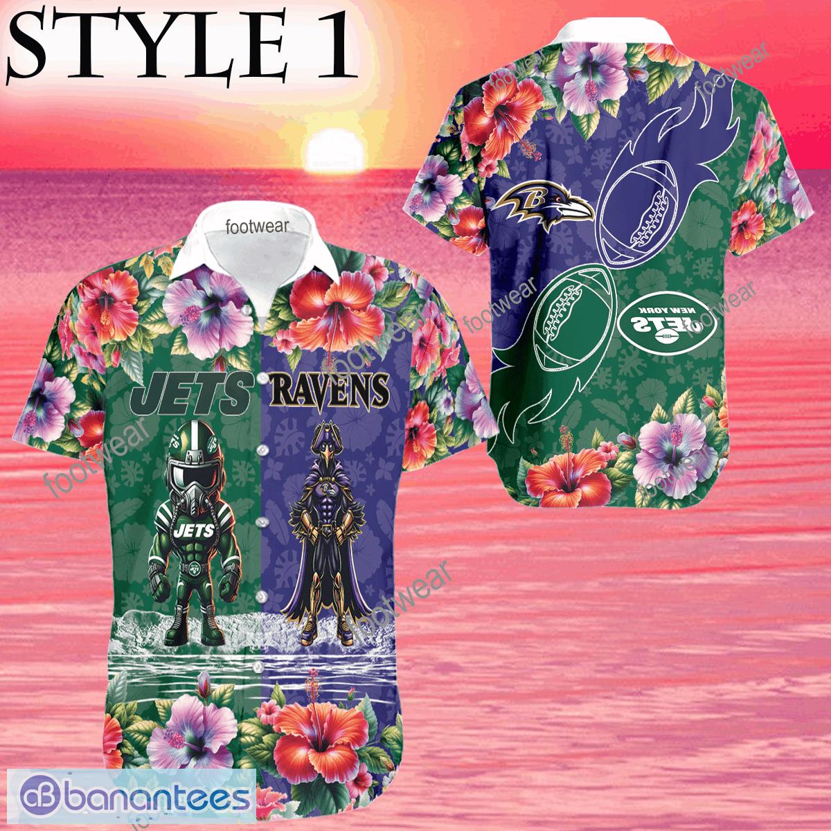 New York Jets VS NFL Baltimore Ravens Mascot Stylish Logo Beach Hawaiian Shirt For Men And Women - Mascot NFL New York Jets VS NFL Baltimore Ravens Style 1 3D Hawaiian Shirt