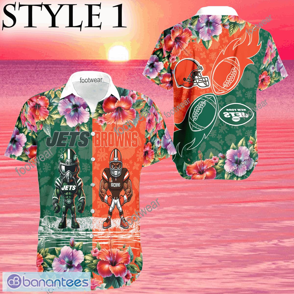 New York Jets VS NFL Cleveland Browns Mascot Top Logo 3D Hawaiian Shirt Gift For Fans - Mascot NFL New York Jets VS NFL Cleveland Browns Style 1 3D Hawaiian Shirt