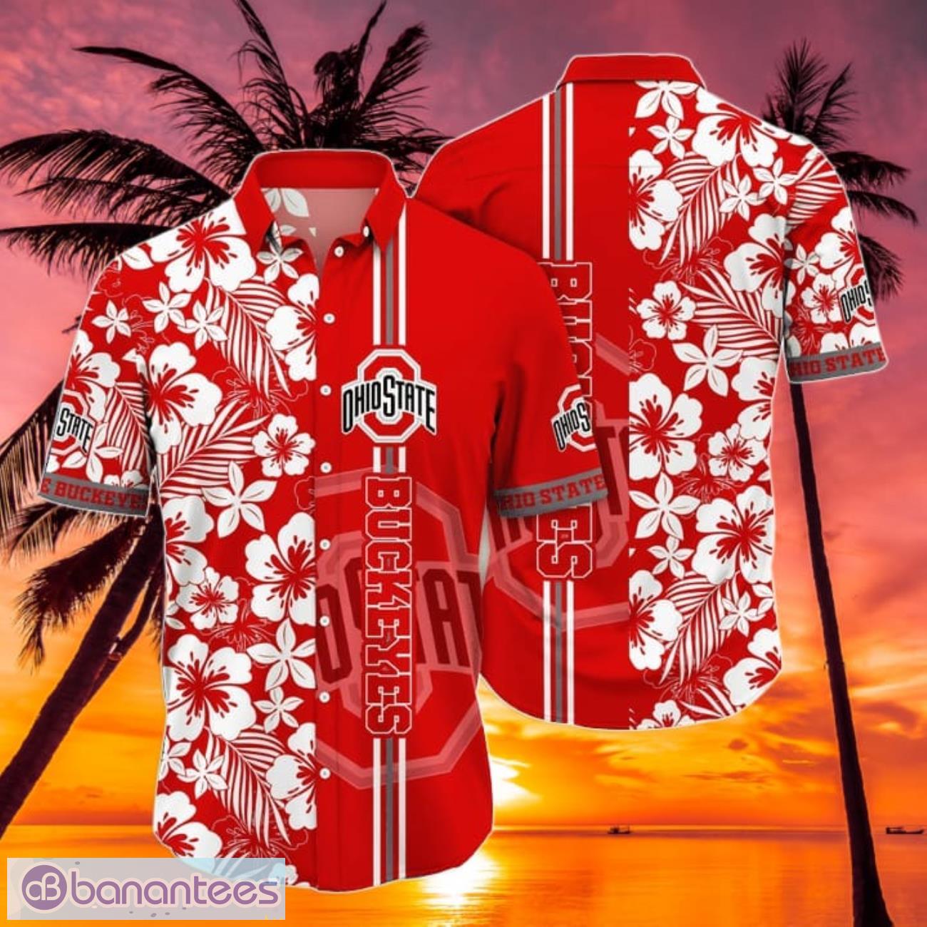 Ohio State Buckeyes NCAA1 Striped Aloha Flower 3D Hawaiian Shirt Stropical Style Beach Shirt Product Photo 1
