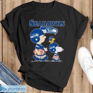 Original seattle Seahawks Let’s Play Football Together Snoopy Charlie Brown And Woodstock Shirt - Black T-Shirt
