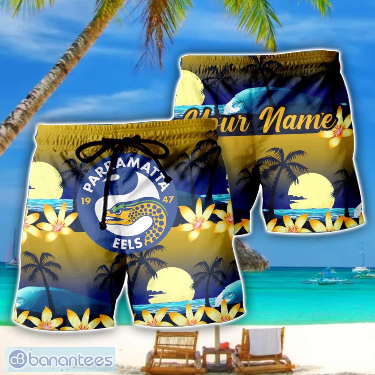 parramatta eels nrl beach shorts personalized name image Parramatta Eels NRL Beach Shorts Personalized Name Product Photo 1