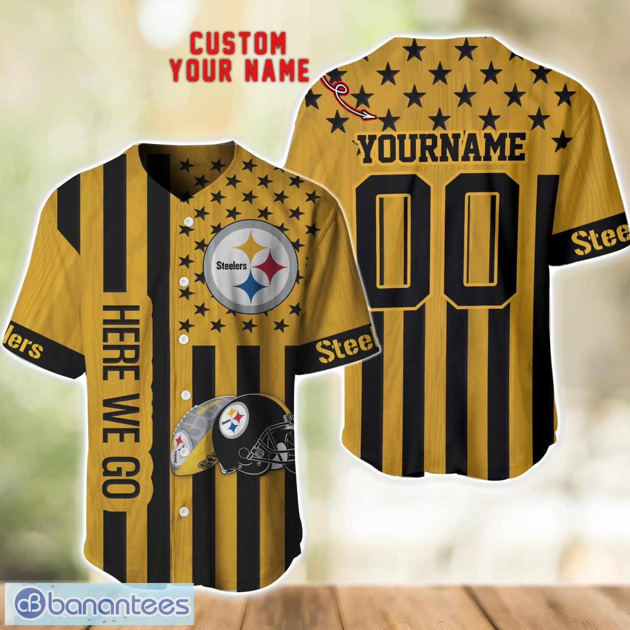 pittsburgh steelers custom name and number baseball jersey shirt image Pittsburgh Steelers Custom Name and Number Baseball Jersey Shirt Product Photo 1