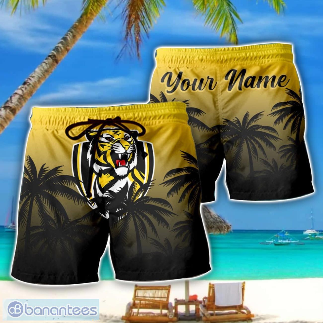 richmond tigers afl coconut pattern tropical beach shorts for mens personalized name image Richmond Tigers AFL Coconut Pattern Tropical Beach Shorts For Mens Personalized Name Product Photo 1