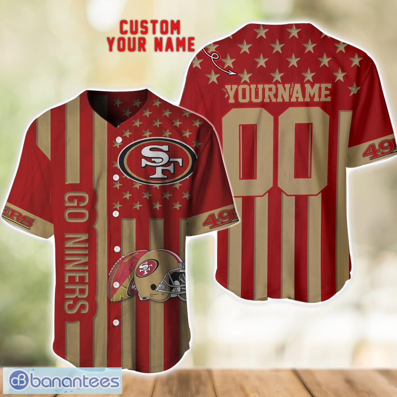 san francisco 49ers custom name and number baseball jersey shirt image San Francisco 49ers Custom Name and Number Baseball Jersey Shirt Product Photo 1