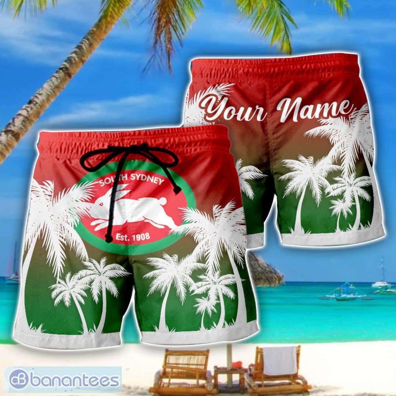 south sydney rabbitohs nrl beach shorts custom name image South Sydney Rabbitohs NRL Beach Shorts Custom Name Product Photo 1