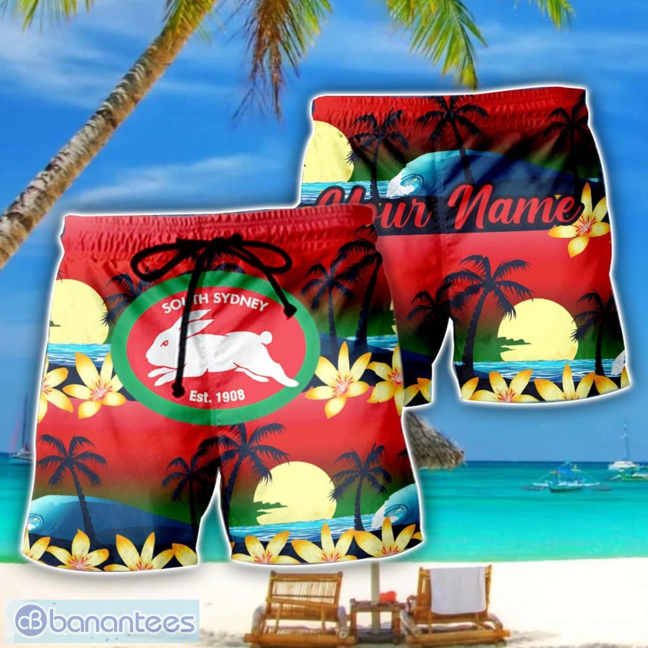south sydney rabbitohs nrl beach shorts personalized name image South Sydney Rabbitohs NRL Beach Shorts Personalized Name Product Photo 1