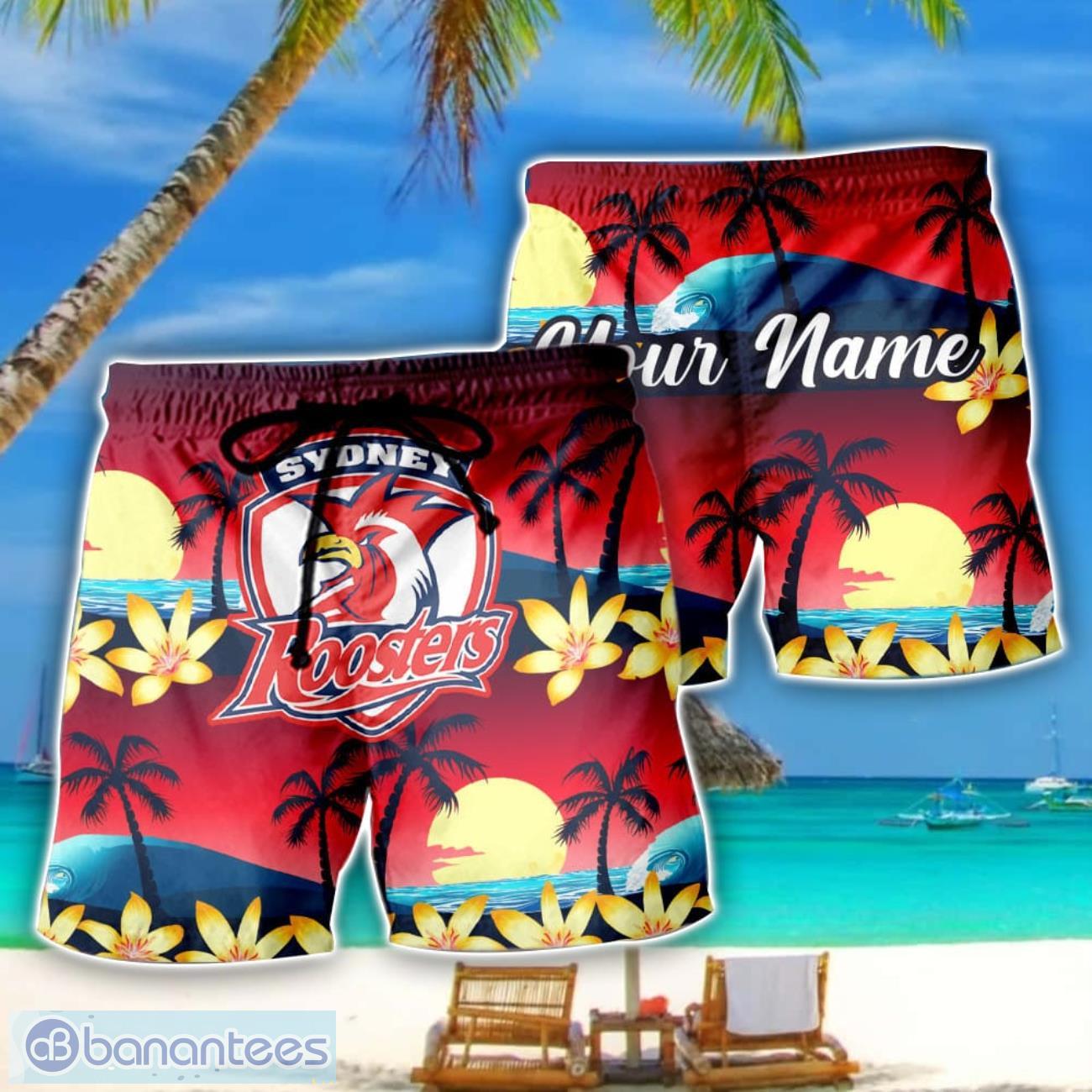 sydney roosters nrl beach shorts personalized name image Sydney Roosters NRL Beach Shorts Personalized Name Product Photo 1