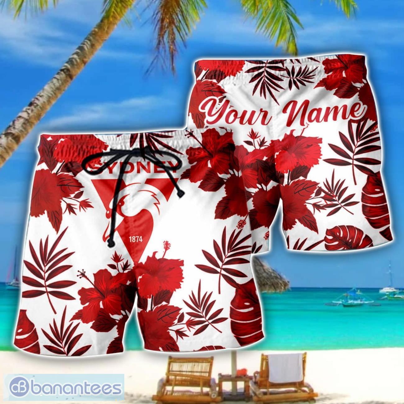 sydney swans afl summer gift for mens personalized name beach shorts image Sydney Swans AFL Summer Gift For Mens Personalized Name Beach Shorts Product Photo 1