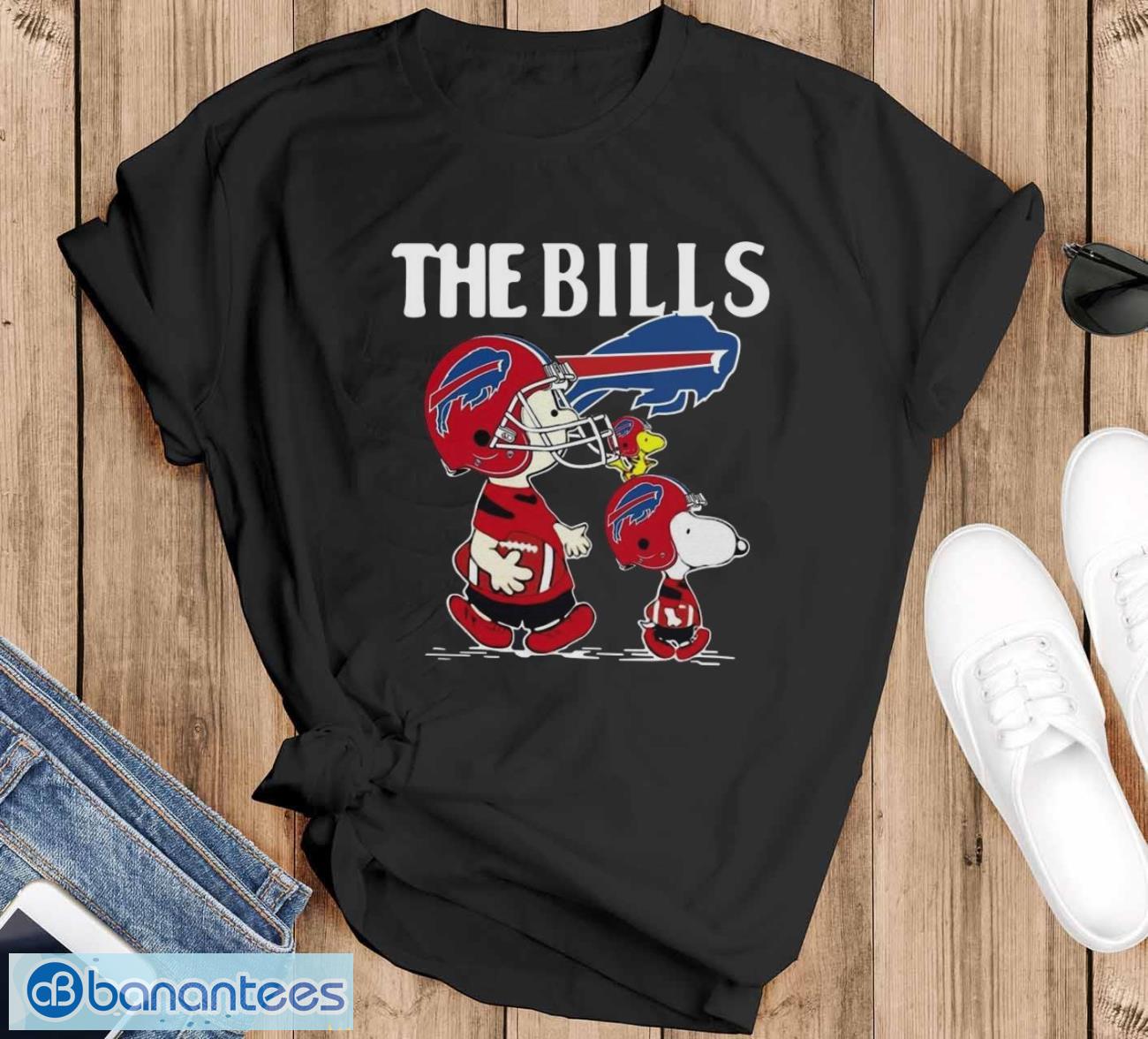the buffalo bills with red snoopy charlie brown and woodstock shirt image The Buffalo Bills With Red Snoopy Charlie Brown And Woodstock Shirt - Black T-Shirt