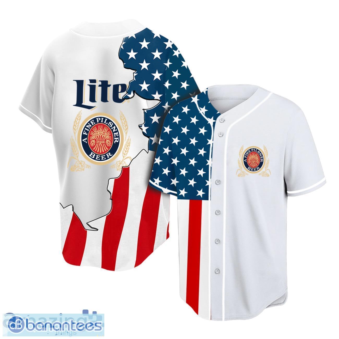 vintage usa flag fourth of july miller lite baseball jersey youth style for fans image Vintage USA Flag Fourth Of July Miller Lite Baseball Jersey Youth Style For Fans Product Photo 1