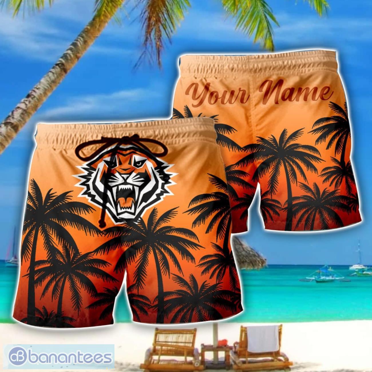 wests tigers nrl coconut pattern tropical beach shorts for mens personalized name image Wests Tigers NRL Coconut Pattern Tropical Beach Shorts For Mens Personalized Name Product Photo 1