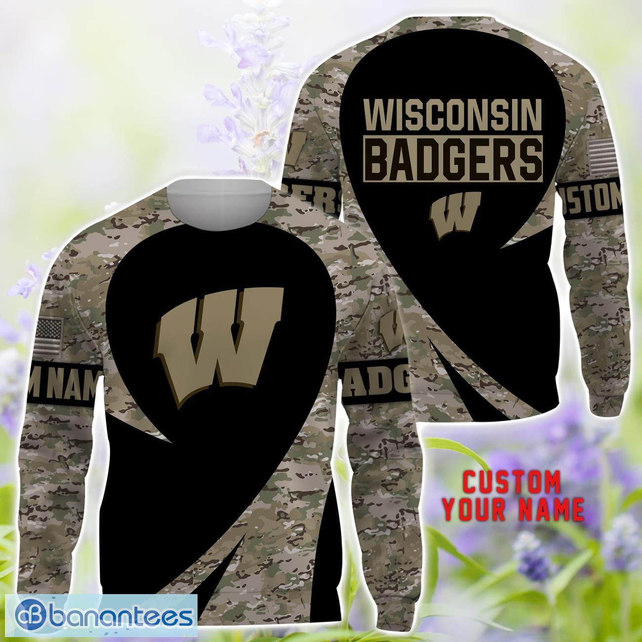 wisconsin badgers 3d hoodie t shirt sweatshirt camo pattern veteran custom name gift for fathers day 1 image Wisconsin Badgers 3D Hoodie T Shirt Sweatshirt Camo Pattern Veteran Custom Name Gift For Father's day Product Photo
