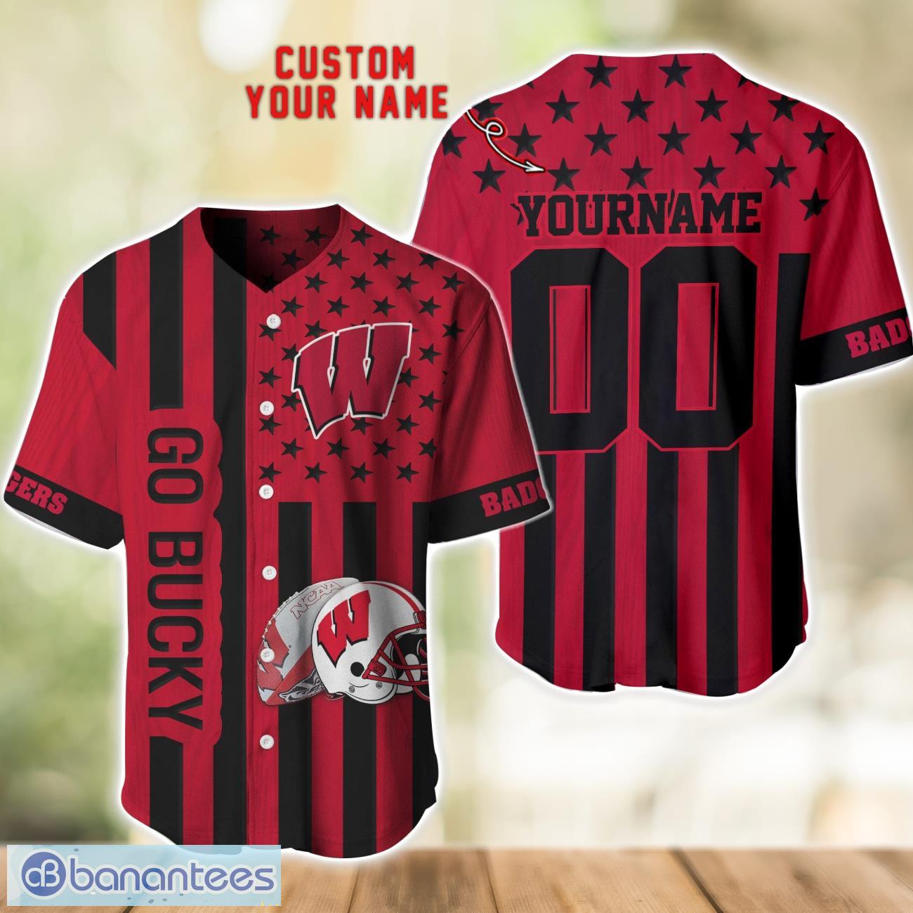 wisconsin badgers custom name and number ncaa baseball jersey shirt image Wisconsin Badgers Custom Name and Number NCAA Baseball Jersey Shirt Product Photo 1