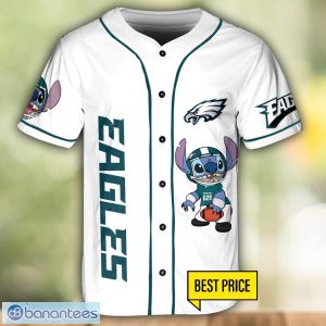 Philadelphia Eagles Lilo and Stitch White Baseball Jersey Shirt For Stitch Lover Custom Name Number Product Photo 2