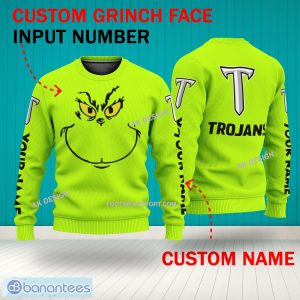 Grinch Face Troy Trojans 3D Hoodie, Zip Hoodie, Sweater Green AOP Custom Number And Name - Grinch Face NCAA Troy Trojans 3D Sweater
