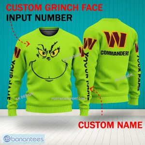 Grinch Face Washington Commanders 3D Hoodie, Zip Hoodie, Sweater Green AOP Custom Number And Name - Grinch Face NFL Washington Commanders 3D Sweater