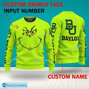 Grinch Face Baylor Bears 3D Hoodie, Zip Hoodie, Sweater Green AOP Custom Number And Name - Grinch Face NCAA Baylor Bears 3D Sweater