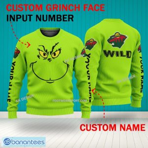 Grinch Face Minnesota Wild 3D Hoodie, Zip Hoodie, Sweater Green AOP Custom Number And Name - Grinch Face NHL Minnesota Wild 3D Sweater