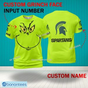 Grinch Face Michigan State Spartans 3D Hoodie, Zip Hoodie, Sweater Green AOP Custom Number And Name - Grinch Face NCAA Michigan State Spartans 3D Shirt