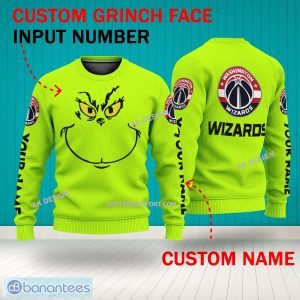 Grinch Face Washington Wizards 3D Hoodie, Zip Hoodie, Sweater Green AOP Custom Number And Name - Grinch Face NBA Washington Wizards 3D Sweater