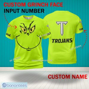 Grinch Face Troy Trojans 3D Hoodie, Zip Hoodie, Sweater Green AOP Custom Number And Name - Grinch Face NCAA Troy Trojans 3D Shirt