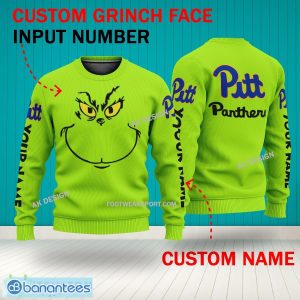 Grinch Face Pittsburgh Panthers 3D Hoodie, Zip Hoodie, Sweater Green AOP Custom Number And Name - Grinch Face NCAA Pittsburgh Panthers 3D Sweater