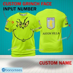 Grinch Face Aston Villa 3D Hoodie, Zip Hoodie, Sweater Green AOP Custom Number And Name - Grinch Face EPL Aston Villa 3D Shirt
