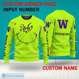 Grinch Face Washington Huskies 3D Hoodie, Zip Hoodie, Sweater Green AOP Custom Number And Name - Grinch Face NCAA Washington Huskies 3D Sweater