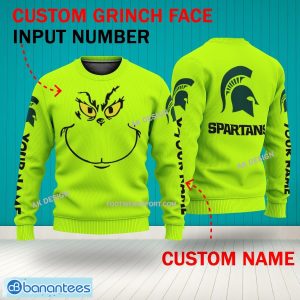 Grinch Face Michigan State Spartans 3D Hoodie, Zip Hoodie, Sweater Green AOP Custom Number And Name - Grinch Face NCAA Michigan State Spartans 3D Sweater