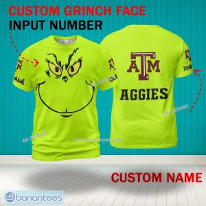 Grinch Face Texas A&M Aggies 3D Hoodie, Zip Hoodie, Sweater Green AOP Custom Number And Name - Grinch Face NCAA Texas A&M Aggies 3D Shirt