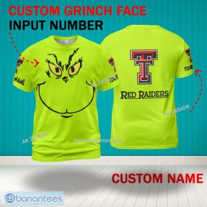 Grinch Face Texas Tech Red Raiders 3D Hoodie, Zip Hoodie, Sweater Green AOP Custom Number And Name - Grinch Face NCAA Texas Tech Red Raiders 3D Shirt