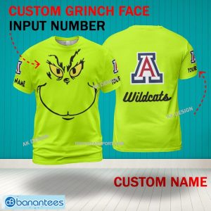 Grinch Face Arizona Wildcats 3D Hoodie, Zip Hoodie, Sweater Green AOP Custom Number And Name - Grinch Face NCAA Arizona Wildcats 3D Shirt