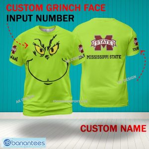 Grinch Face Mississippi State Bulldogs 3D Hoodie, Zip Hoodie, Sweater Green AOP Custom Number And Name - Grinch Face NCAA Mississippi State Bulldogs 3D Shirt