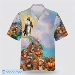Jesus Walking Turkey And Pumpkin Pattern Hawaiian Shirt Holiday Summer Gift Product Photo 2