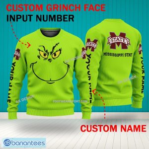 Grinch Face Mississippi State Bulldogs 3D Hoodie, Zip Hoodie, Sweater Green AOP Custom Number And Name - Grinch Face NCAA Mississippi State Bulldogs 3D Sweater