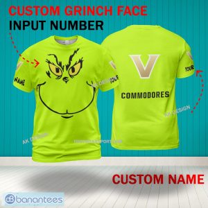 Grinch Face Vanderbilt Commodores 3D Hoodie, Zip Hoodie, Sweater Green AOP Custom Number And Name - Grinch Face NCAA Vanderbilt Commodores 3D Shirt