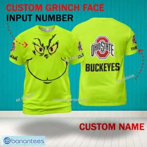 Grinch Face Ohio State Buckeyes 3D Hoodie, Zip Hoodie, Sweater Green AOP Custom Number And Name - Grinch Face NCAA Ohio State Buckeyes 3D Shirt