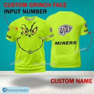 Grinch Face UTEP Miners 3D Hoodie, Zip Hoodie, Sweater Green AOP Custom Number And Name - Grinch Face NCAA UTEP Miners 3D Shirt