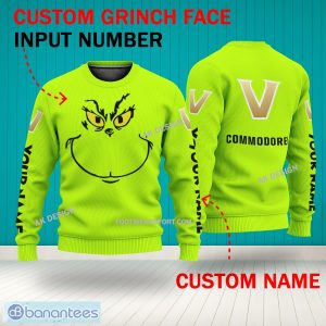 Grinch Face Vanderbilt Commodores 3D Hoodie, Zip Hoodie, Sweater Green AOP Custom Number And Name - Grinch Face NCAA Vanderbilt Commodores 3D Sweater