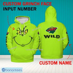 Grinch Face Minnesota Wild 3D Hoodie, Zip Hoodie, Sweater Green AOP Custom Number And Name - Grinch Face NHL Minnesota Wild 3D Hoodie