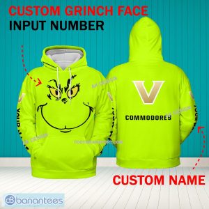Grinch Face Vanderbilt Commodores 3D Hoodie, Zip Hoodie, Sweater Green AOP Custom Number And Name - Grinch Face NCAA Vanderbilt Commodores 3D Hoodie