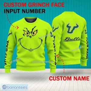 Grinch Face South Florida Bulls 3D Hoodie, Zip Hoodie, Sweater Green AOP Custom Number And Name - Grinch Face NCAA South Florida Bulls 3D Sweater