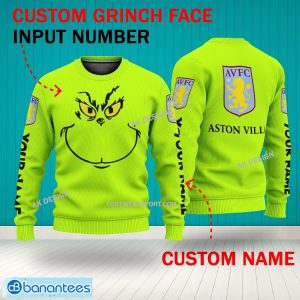 Grinch Face Aston Villa 3D Hoodie, Zip Hoodie, Sweater Green AOP Custom Number And Name - Grinch Face EPL Aston Villa 3D Sweater