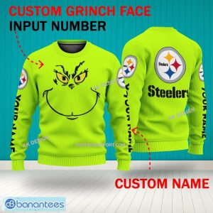 Grinch Face Pittsburgh Steelers 3D Hoodie, Zip Hoodie, Sweater Green AOP Custom Number And Name - Grinch Face NFL Pittsburgh Steelers 3D Sweater