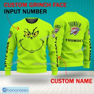 Grinch Face Oklahoma City Thunder 3D Hoodie, Zip Hoodie, Sweater Green AOP Custom Number And Name - Grinch Face NBA Oklahoma City Thunder 3D Sweater