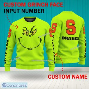 Grinch Face Syracuse Orange 3D Hoodie, Zip Hoodie, Sweater Green AOP Custom Number And Name - Grinch Face NCAA Syracuse Orange 3D Sweater
