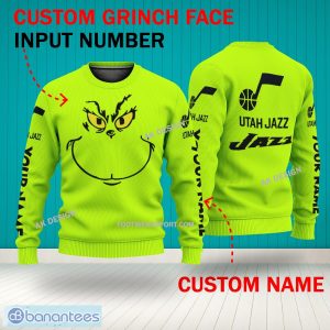 Grinch Face Utah Jazz 3D Hoodie, Zip Hoodie, Sweater Green AOP Custom Number And Name - Grinch Face NBA Utah Jazz 3D Sweater