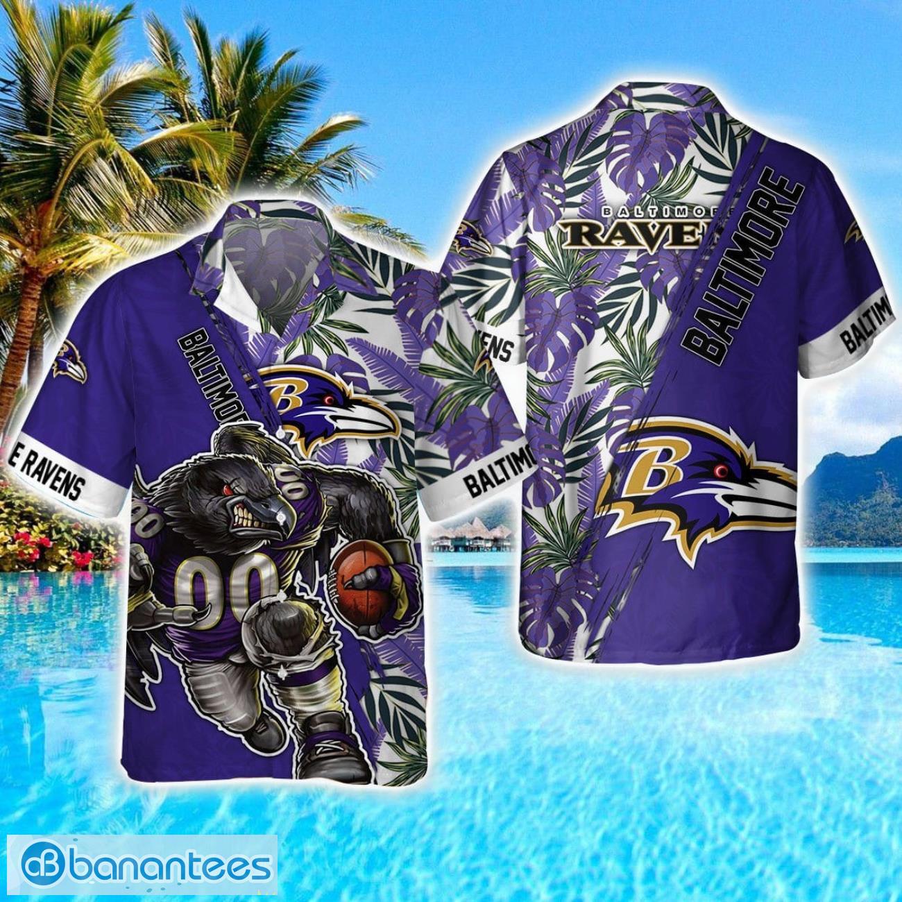 baltimore ravens mascot team 3d hawaiian shirt sport fans summer gift image Baltimore Ravens Mascot Team 3D Hawaiian Shirt Sport Fans Summer Gift Product Photo 1