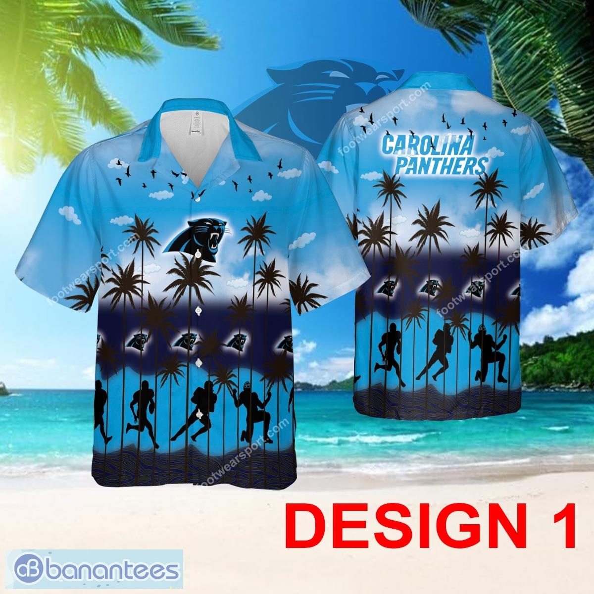 Carolina Panthers Hawaiian Shirt Pattern Coconut Tree AOP For Beach - Design 1 NFL Carolina Panthers Hawaiian Shirt Tree Pattern