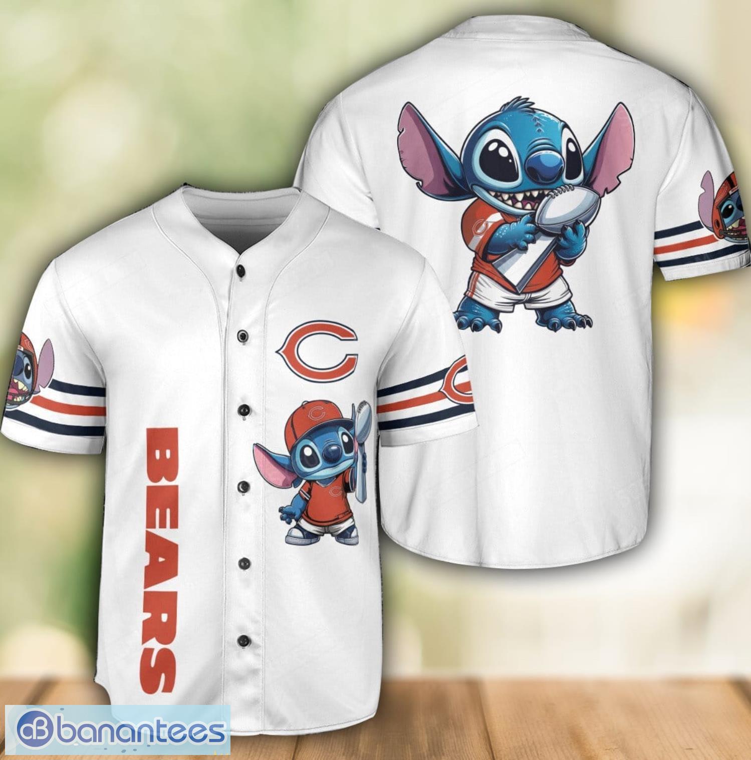 chicago bears lilo and stitch white baseball jersey shirt for stitch lover image Chicago Bears Lilo and Stitch White Baseball Jersey Shirt For Stitch Lover Product Photo 1